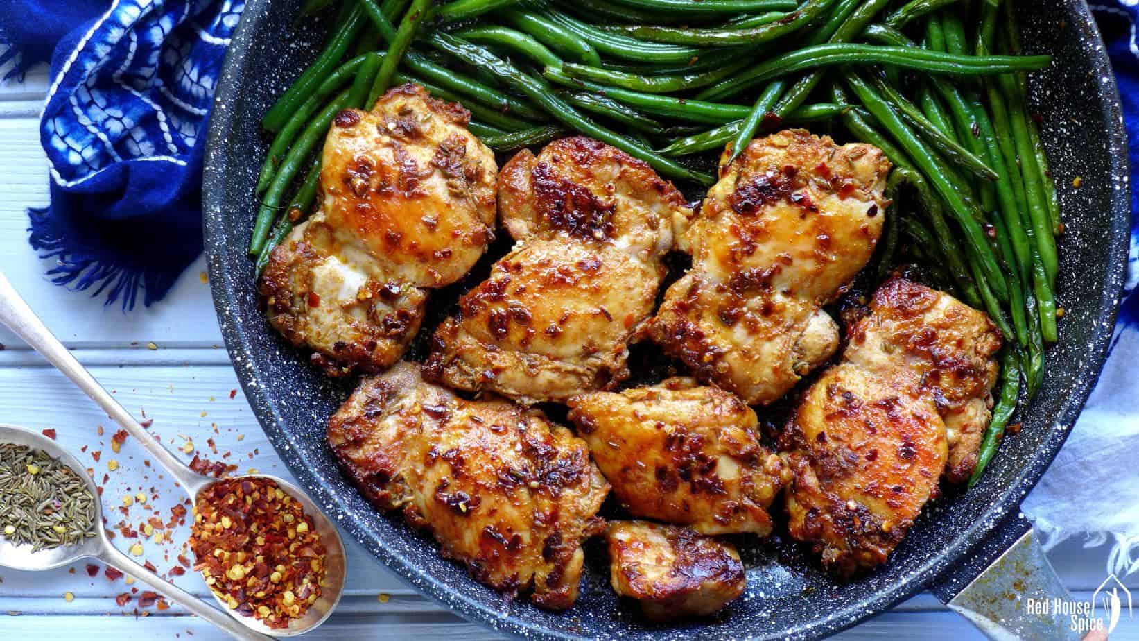 Spicy cumin chicken thighs with green beans – Red House Spice