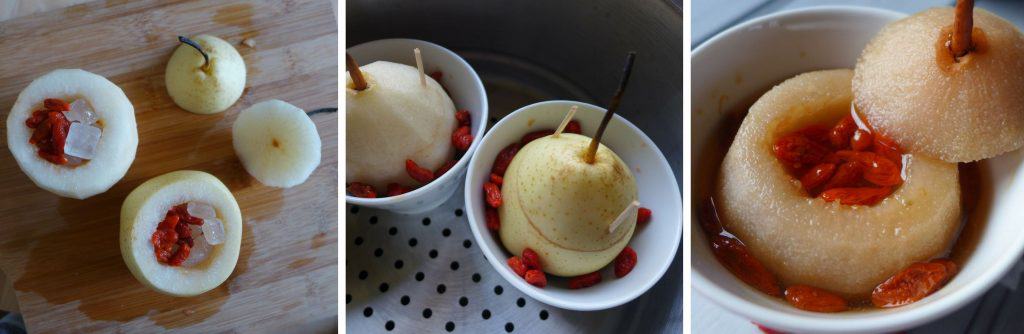 A traditional Chinese home remedy for cough relief. Steamed or boiled pear with rock sugar is a delightful dessert very easy to prepare.