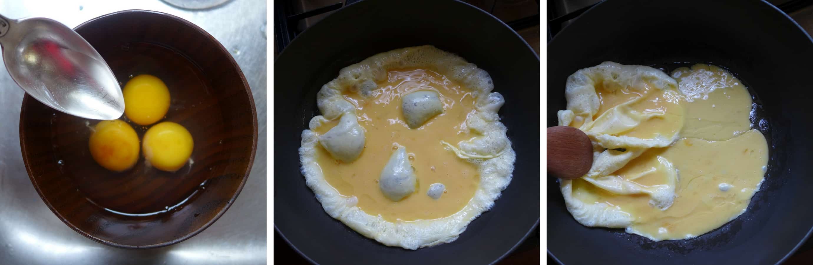 Beaten eggs in a wok