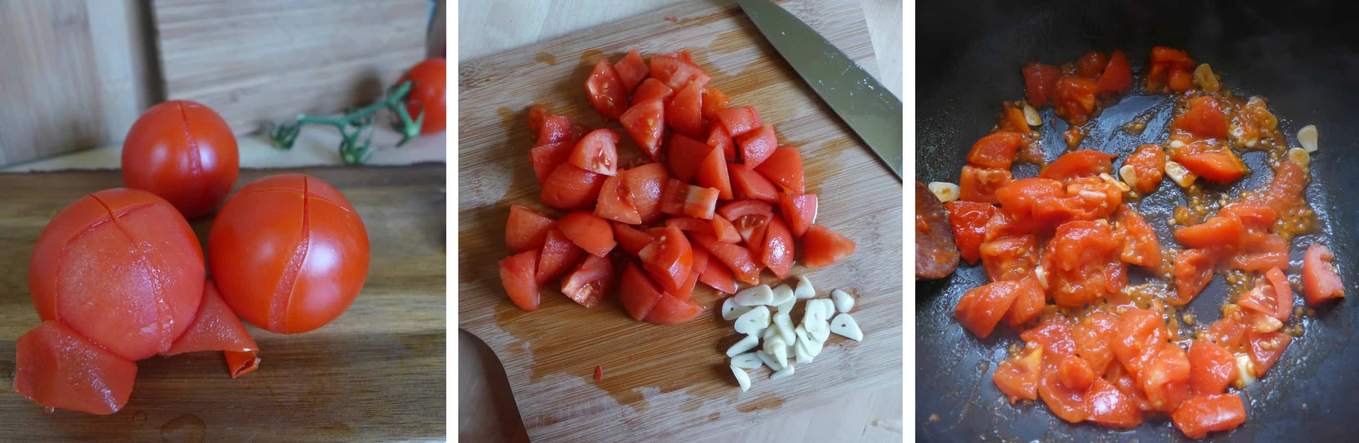 Tomatoes are peeled, chopped and fried.