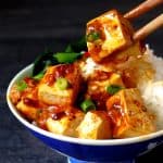 Mapo tofu over a bowl of plain rice