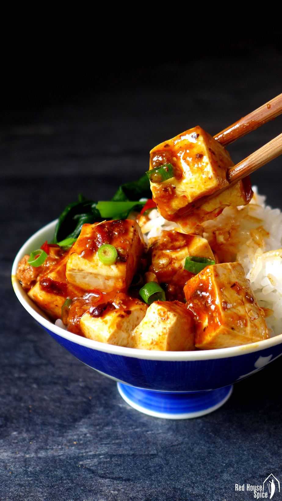 Mapo tofu over a bowl of plain rice