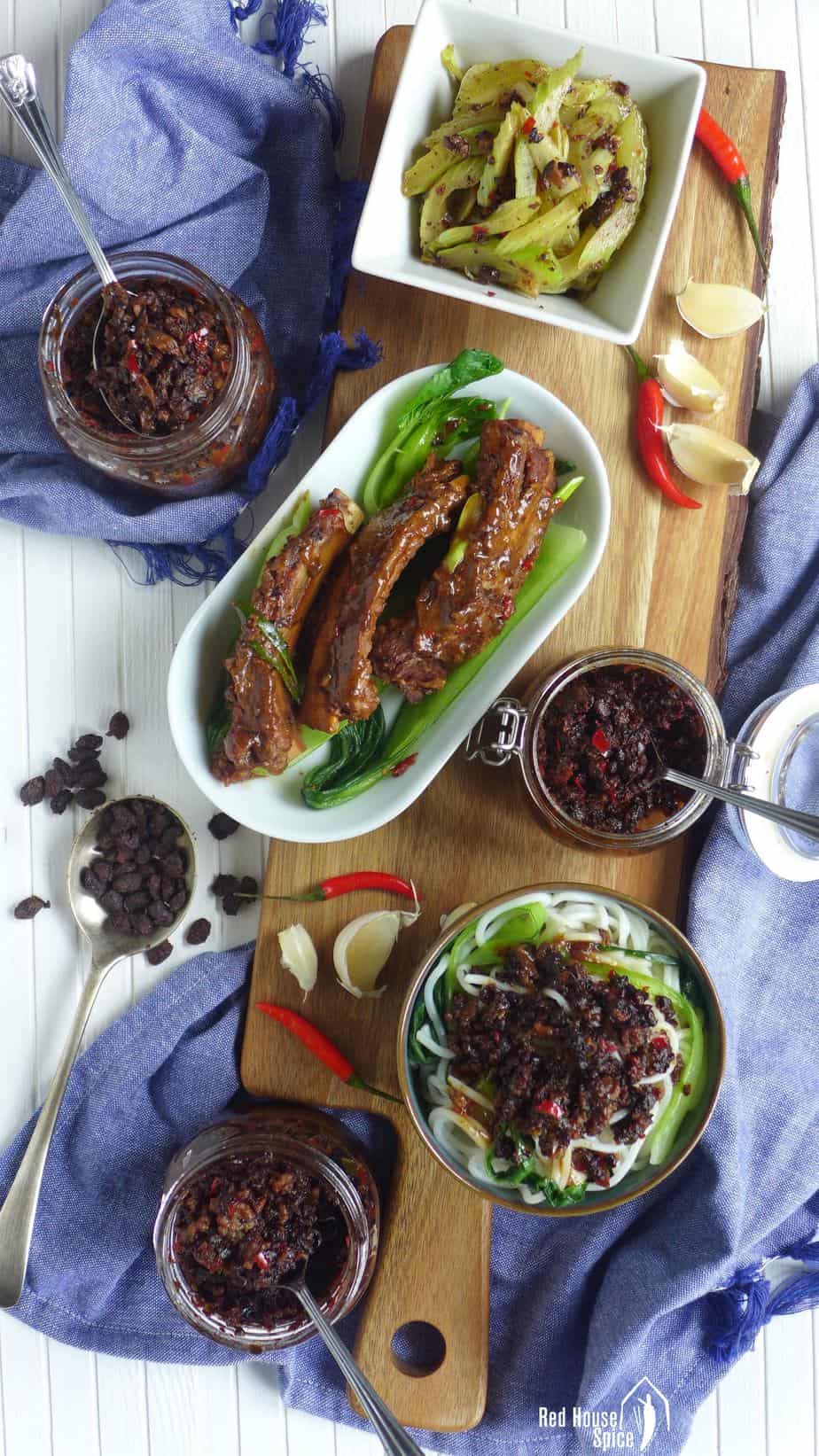 Three dishes made with spicy black bean sauce.