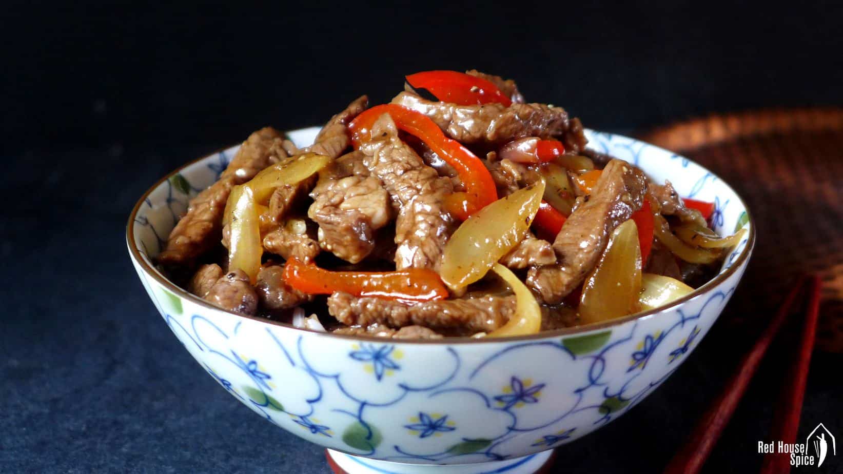 A bowl of black pepper beef stir-fry