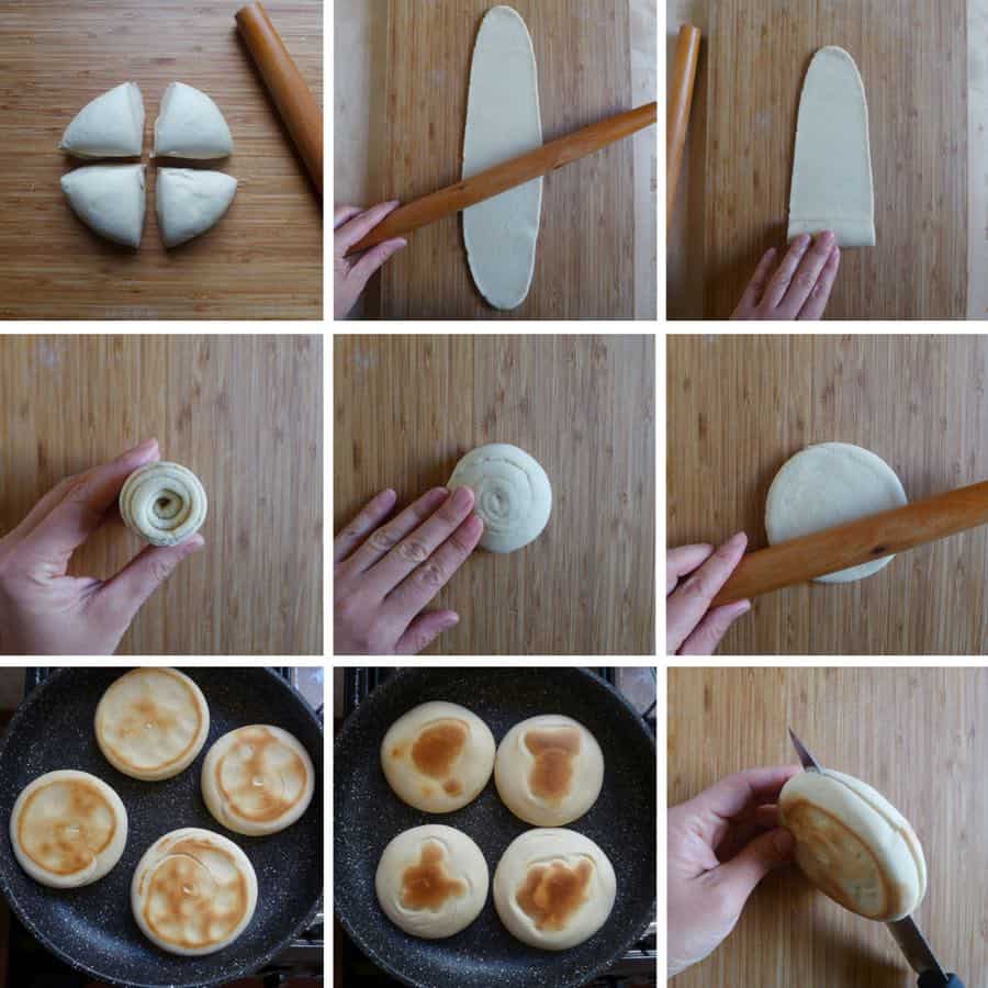 Process photos showing how to shape and cook Chinese burger bread.