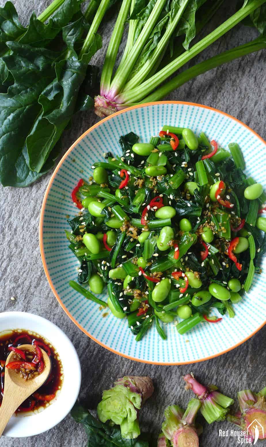 An earthy, refreshing dish loaded with nutrients, spinach and soybean salad is seasoned with a simple yet flavourful Chinese ginger dressing.