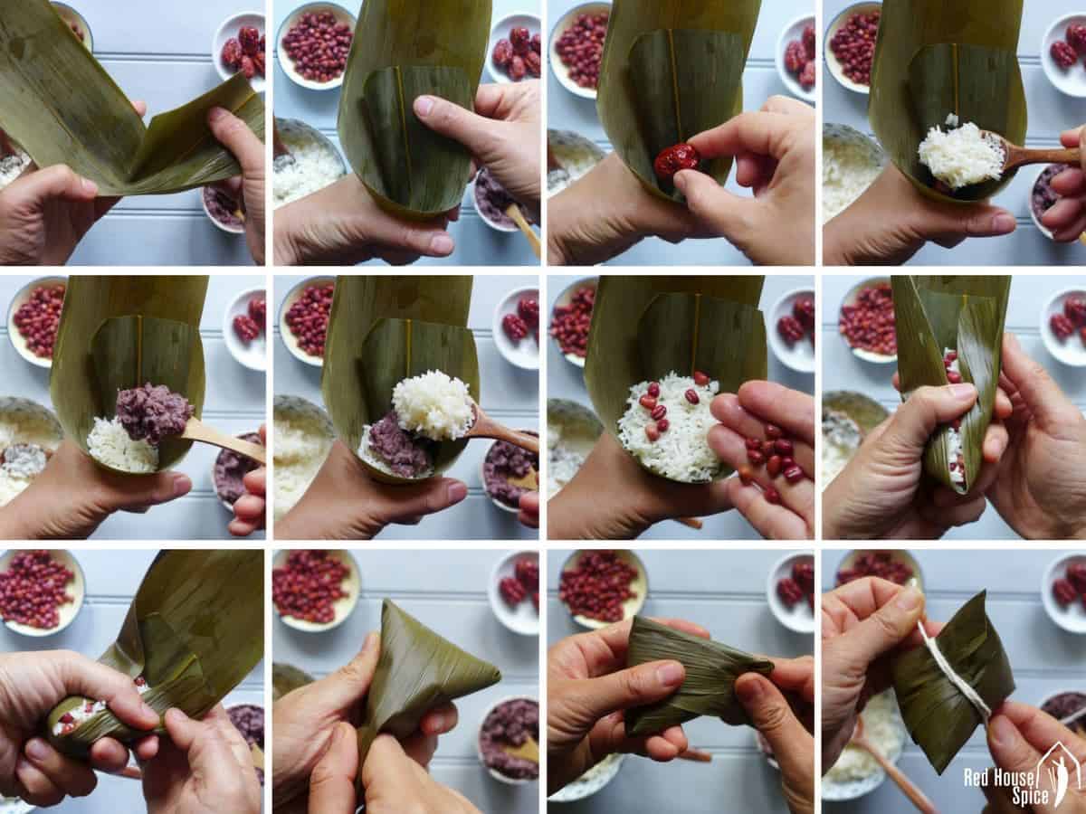 Process shots on how to wrapper sticky rice dumplings.