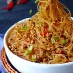 A bowl of stir fried vermicelli noodles with minced meat.