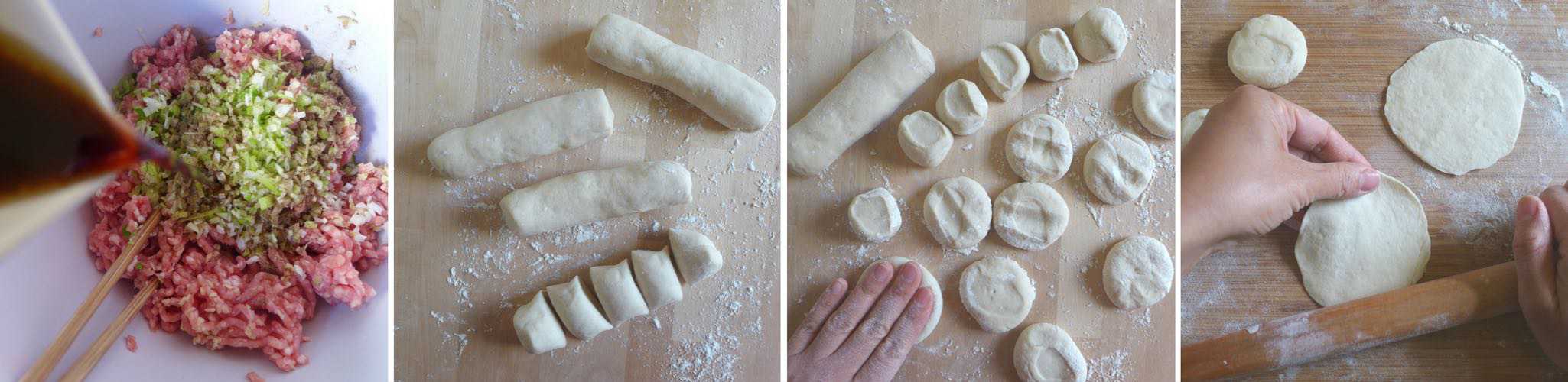 Four steps photos showing how to prepare the wrappers for Sheng Jian Bao (pan-fried pork buns)