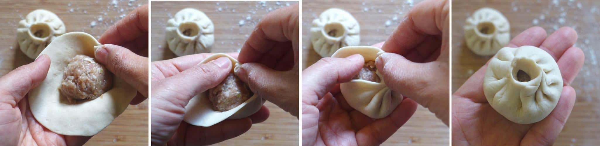 4 step photos showing how to fold a Sheng Jian Bao (pan-fried pork buns)