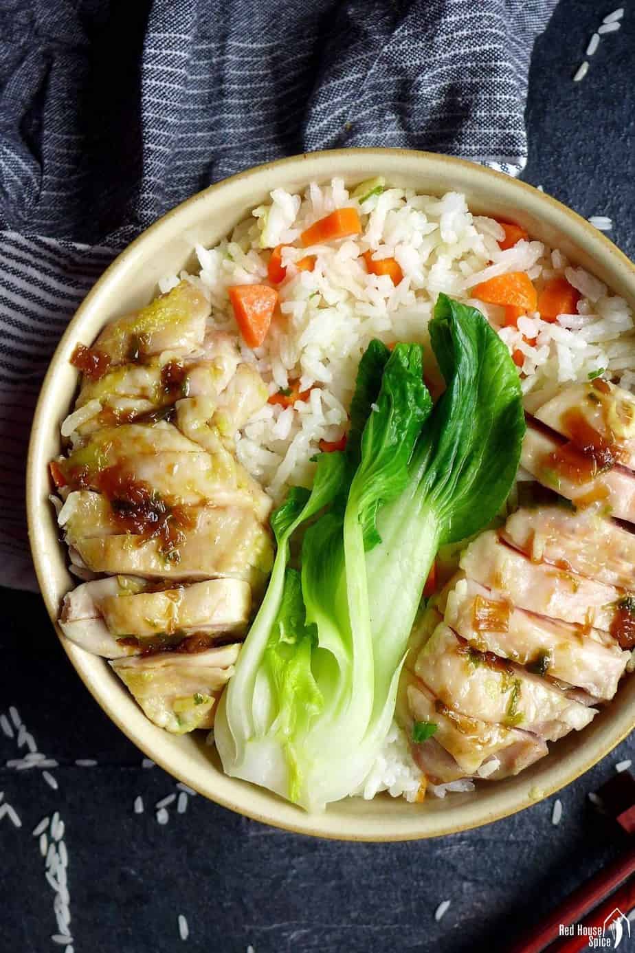 A bowl of rice with chicken on top