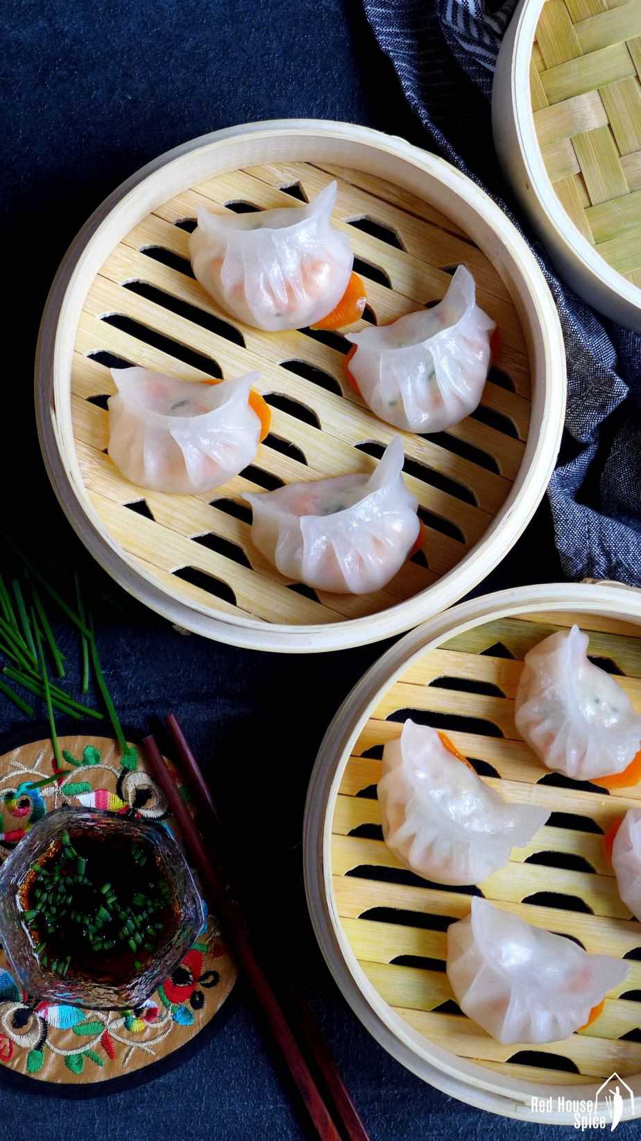 Har Gow, Crystal shrimp dumplings in steamer baskets