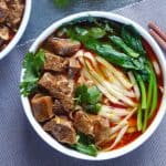 Spicy noodle soup topped with braised beef cubes