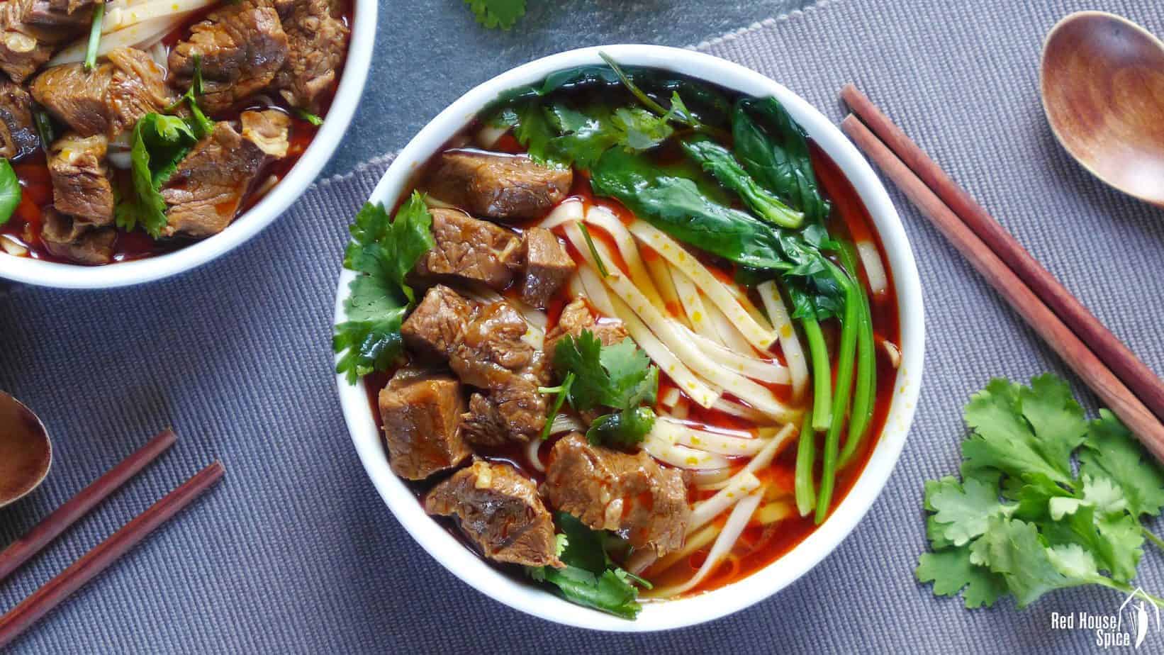 Spicy noodle soup topped with braised beef cubes