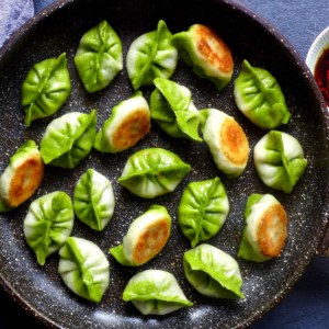 pan-fried vegetarian dumplings with bicolour wrappers