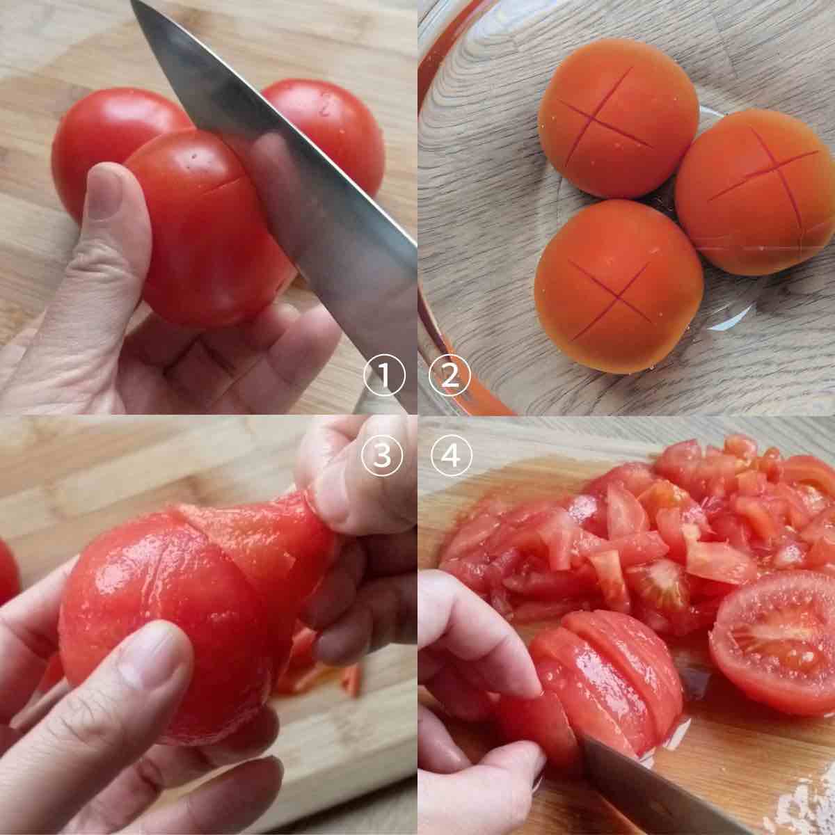 peeling and cutting tomatoes.