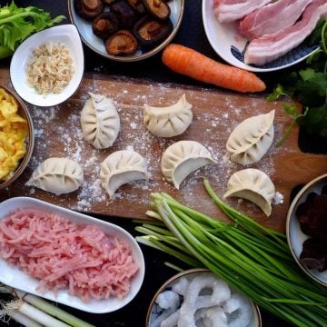 Dumplings surrounded by and raw ingredients for making dumpling fillings