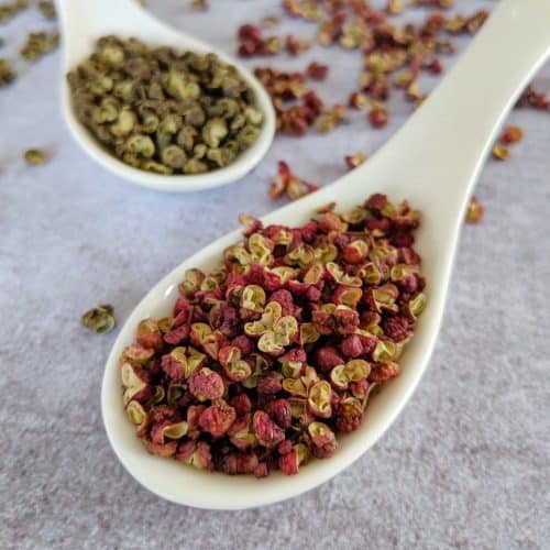 Red and green Sichuan pepper in spoons