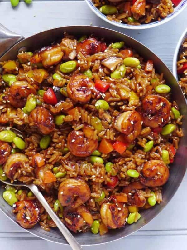 A pot of Chinese soy sauce rice with shrimps