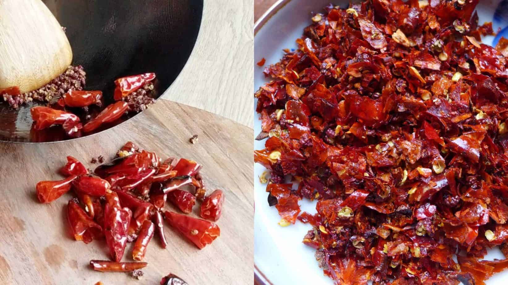Dried chillies fried and chopped