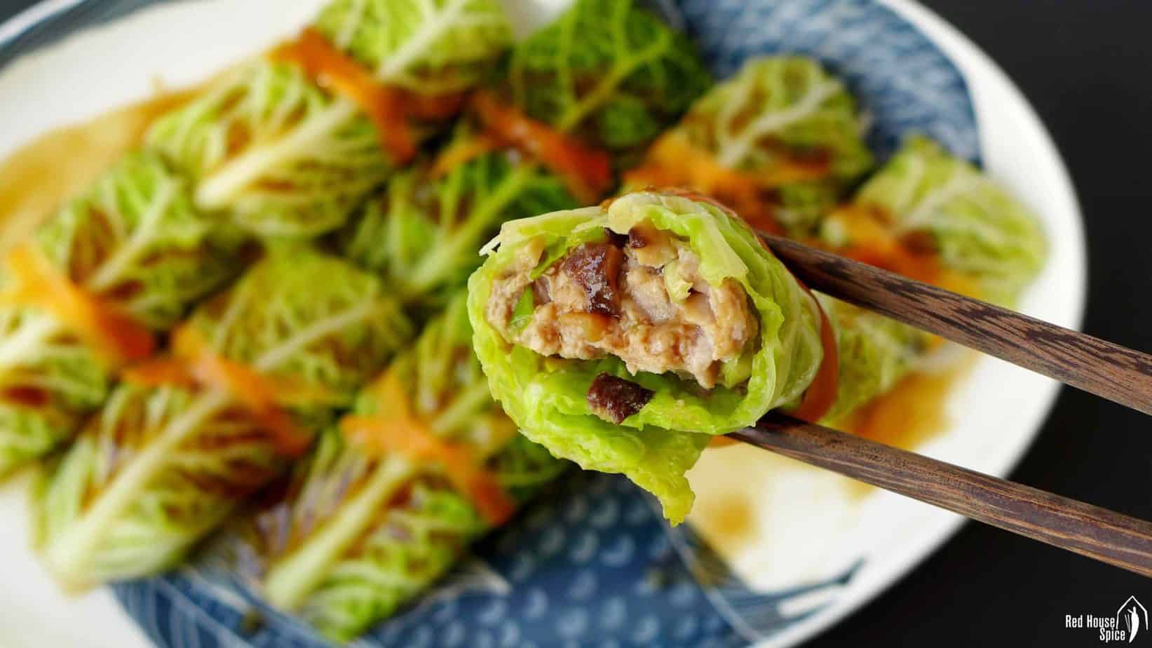 A cabbage roll filled with pork & mushrooms