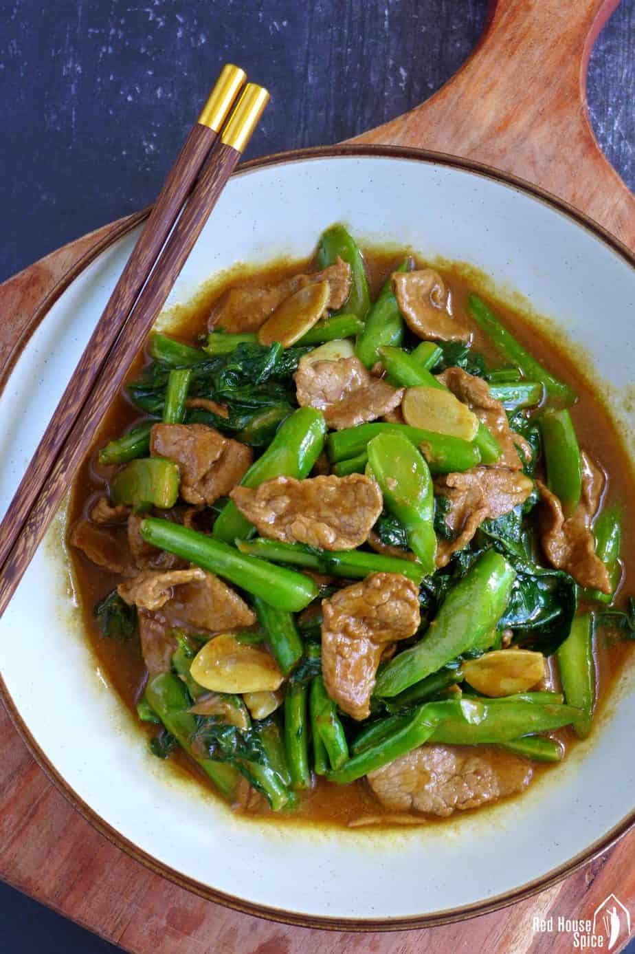 A plate of Chinese broccoli with beef