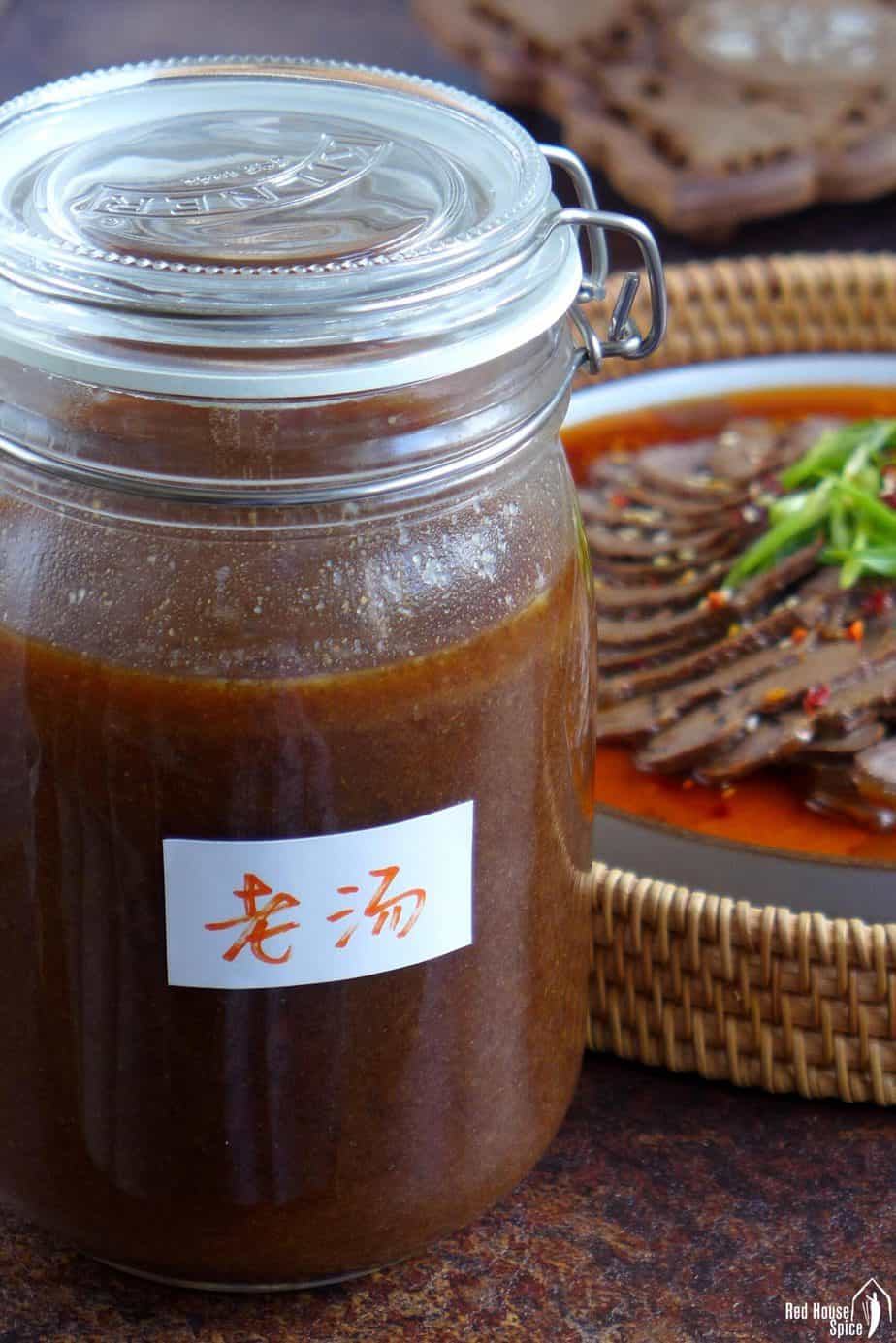 A jar of spiced beef stock