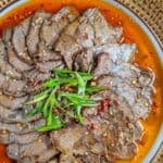 A plate of beef slices in chilli oil