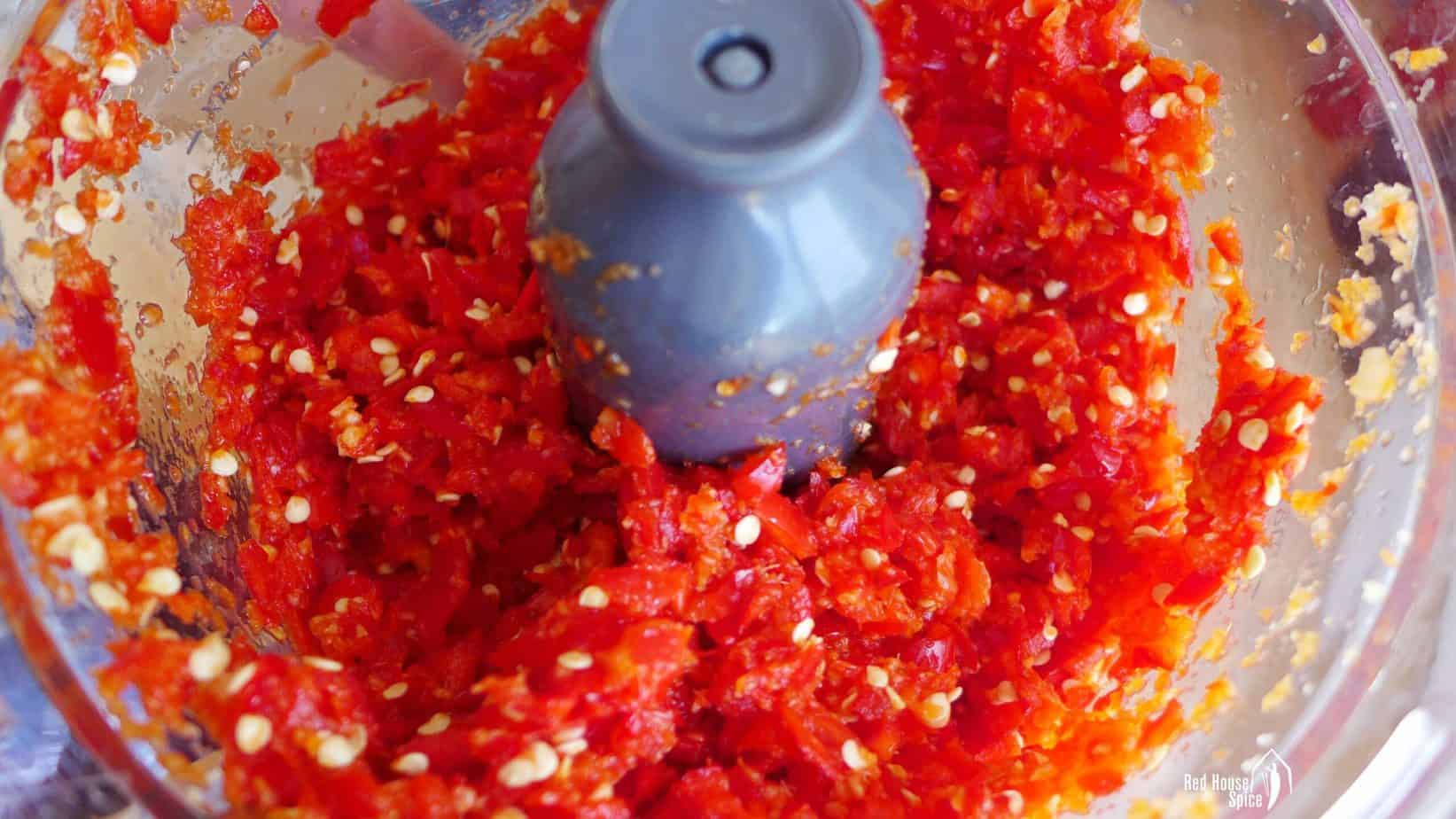 Blending chili pepper in a food processor