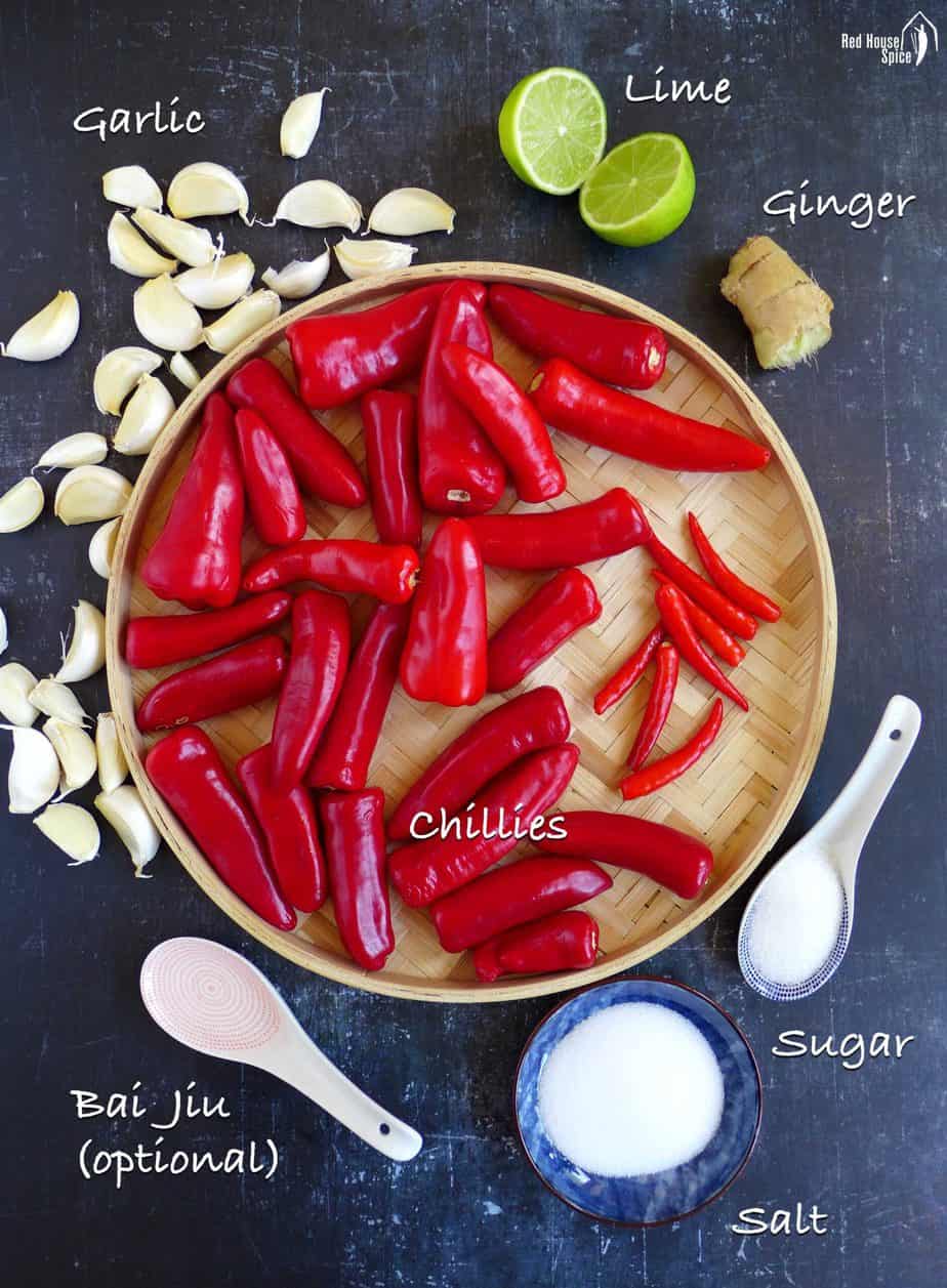 chili peppers, garlic, ginger, lime, salt and sugar