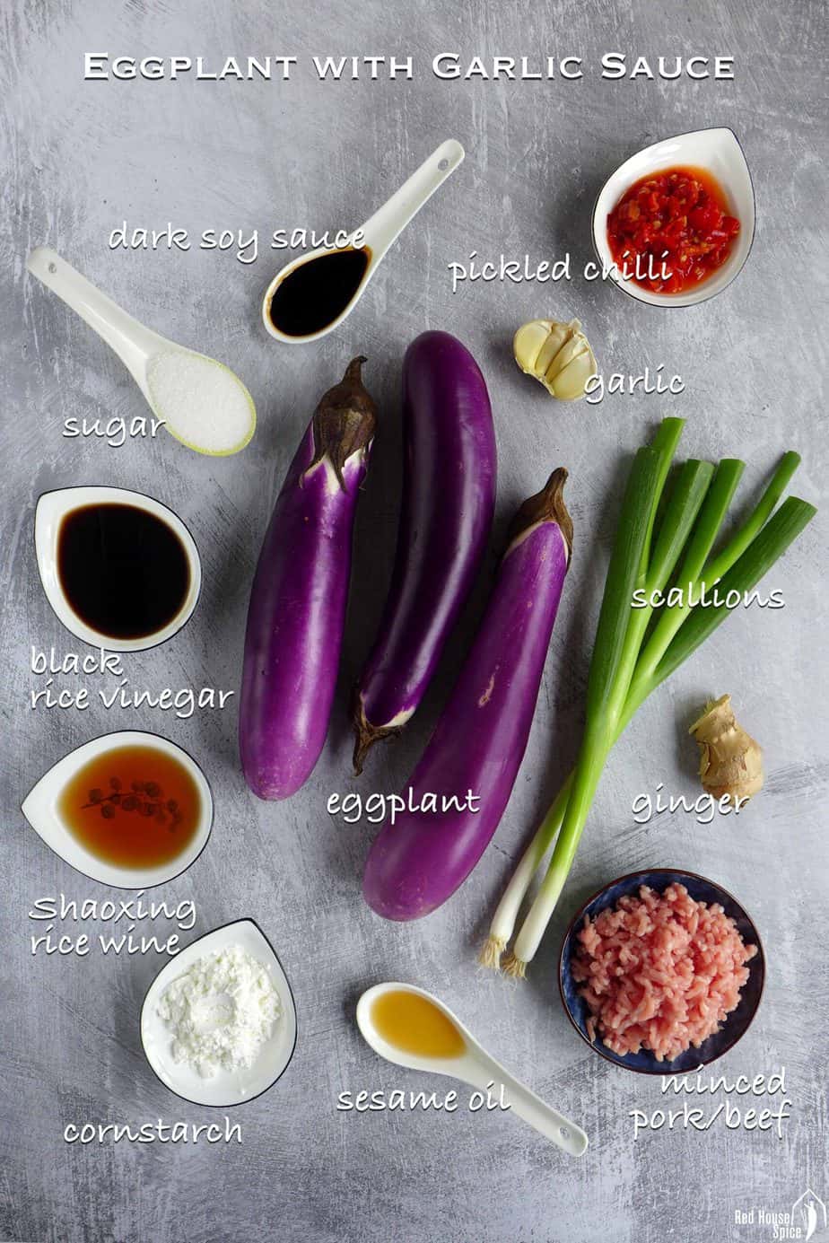 All the ingredients for making eggplant with garlic sauce
