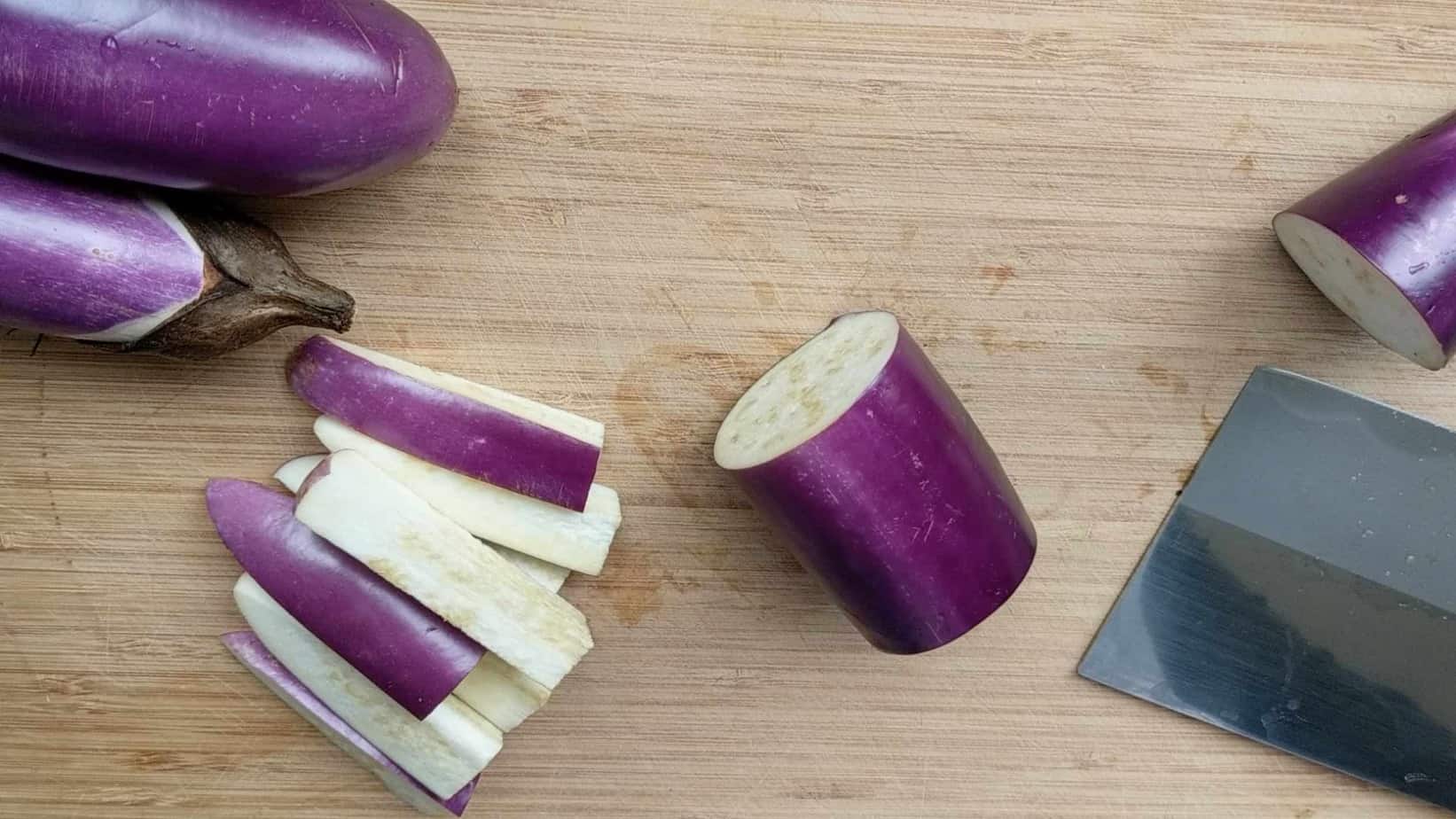 cutting eggplant into batons