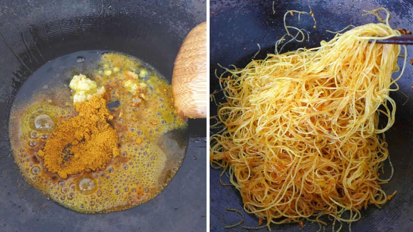 Fry curry powder and vermicelli noodles