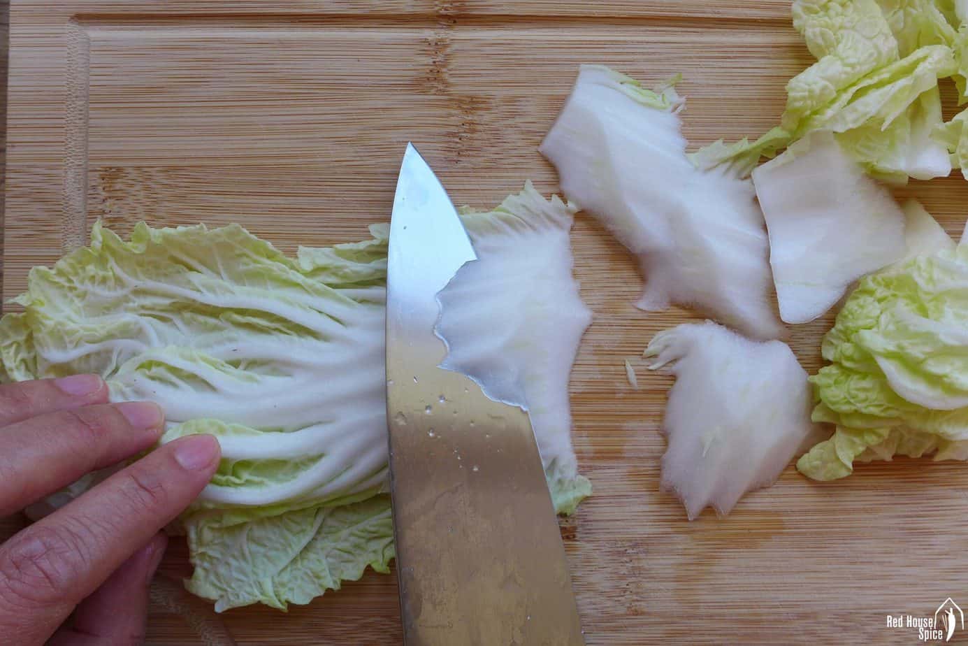slicing napa cabbage at an angle