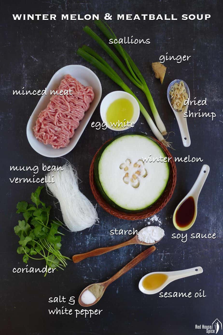 A group ingredients for making winter melon & meatball soup.