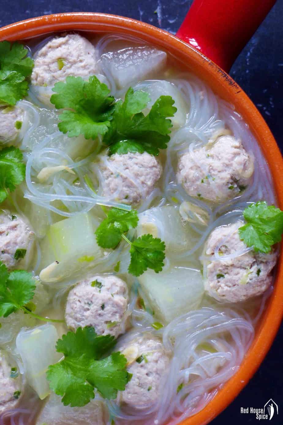 Chinese winter melon soup with pork meatballs and vermicelli glass noodles