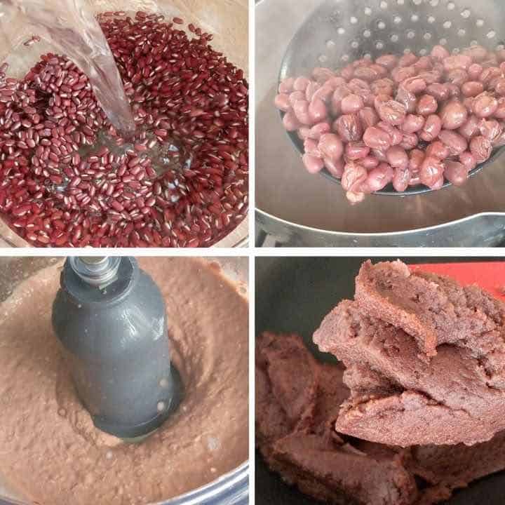 Four steps of cooking red bean paste: soaking, boiling, blending and frying.