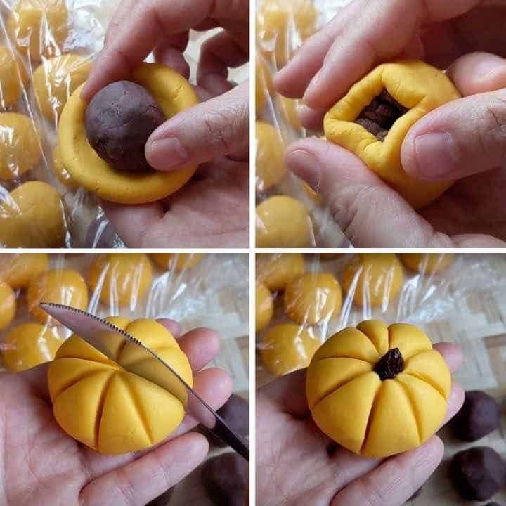 Wrap red bean paste with dough into a pumpkin shaped cake 
