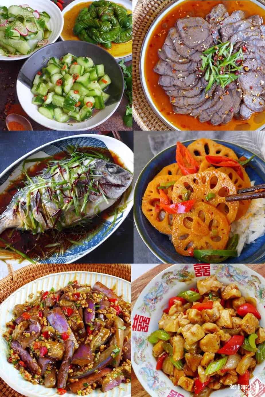 Six classic Chinese dishes: steamed fish, cucumber salad, beef shank appetiser, spicy lotus root, eggplant with garlic sauce & black pepper chicken