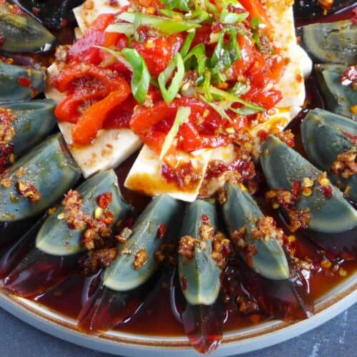 Century egg salad with tofu and roasted pepper.