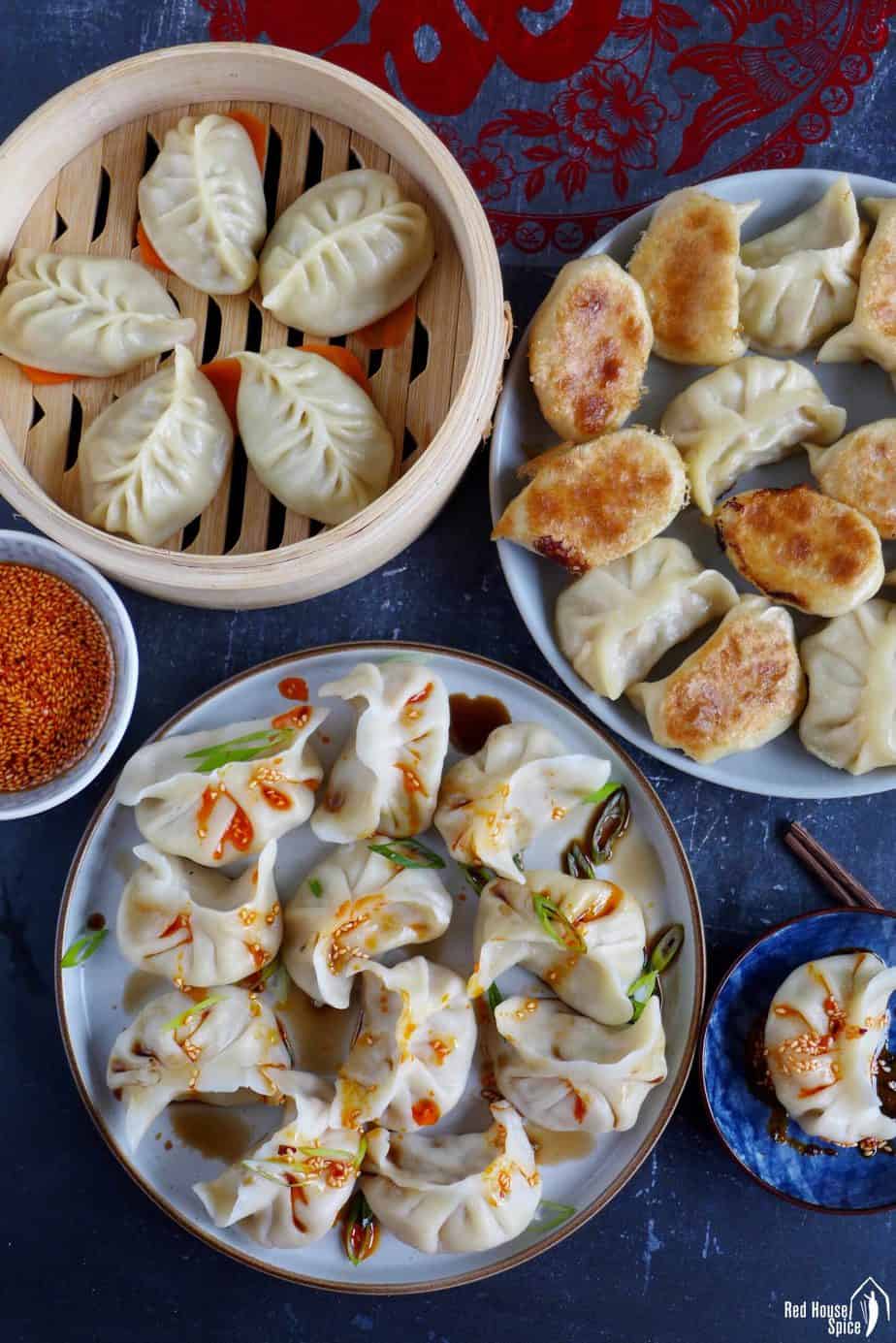 Chinese dumplings cooked in three ways: boiled, pan-fried & steamed