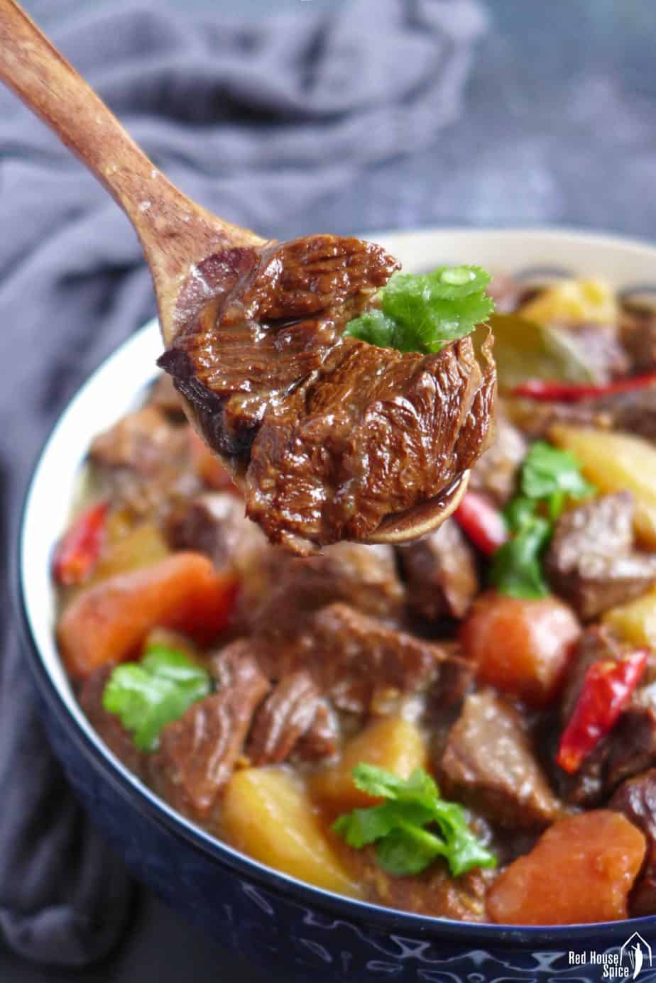 Braised beef chunks in a spoon