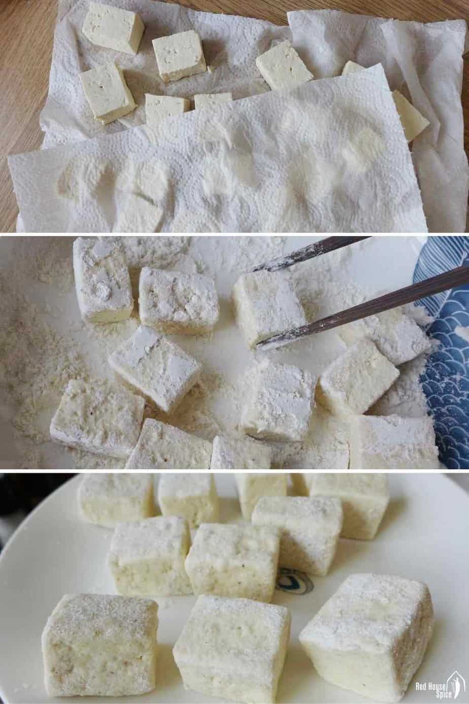 drying tofu and coat it with flour and starch
