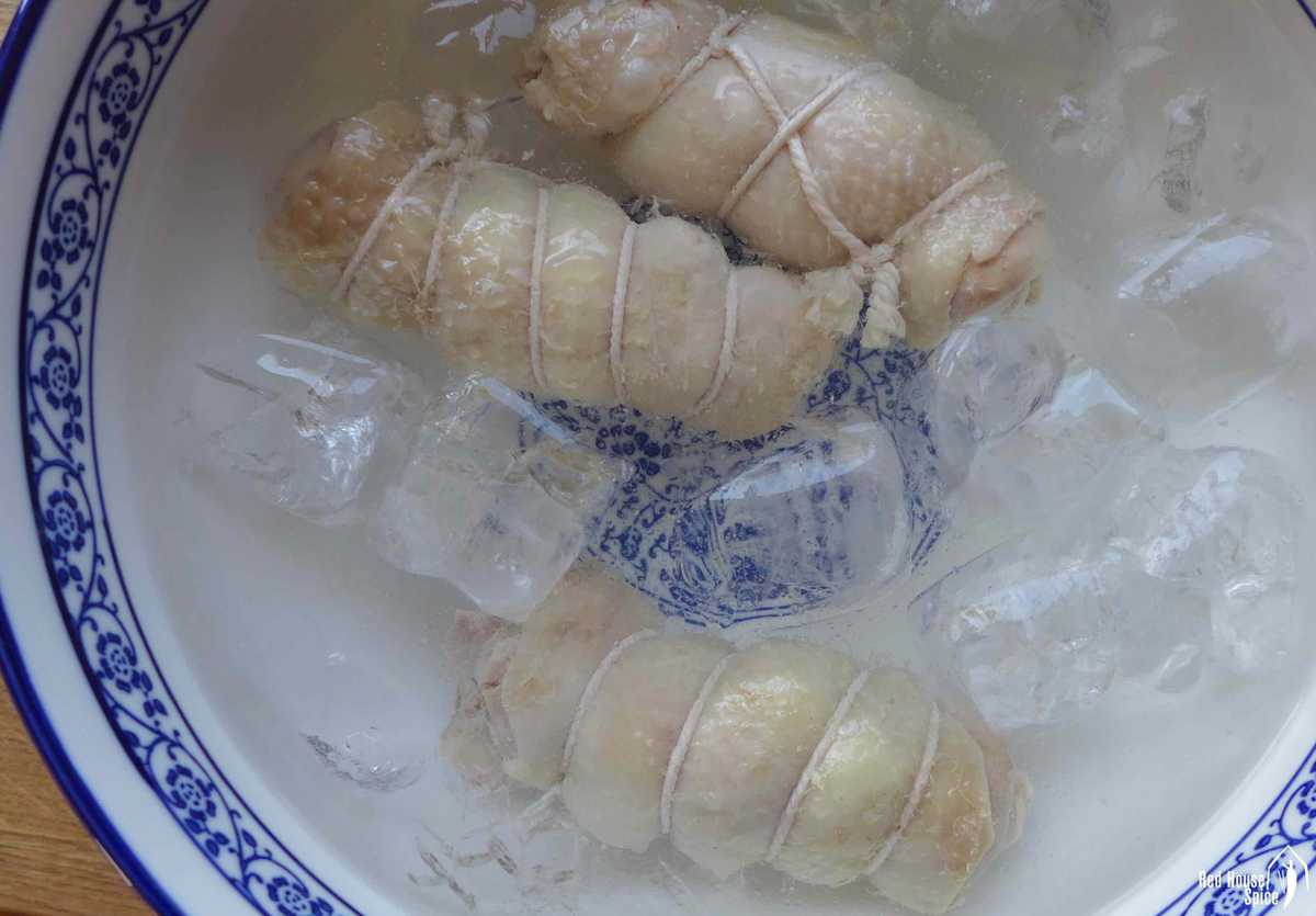 rolled up chicken in iced water