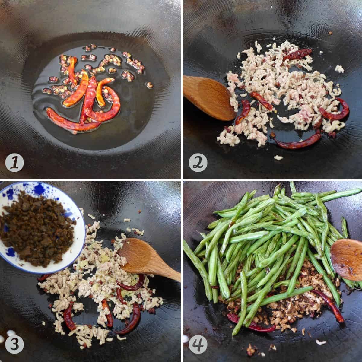 A collage of four images of cooking spices, minced meat, preserved vegetable and green beans.