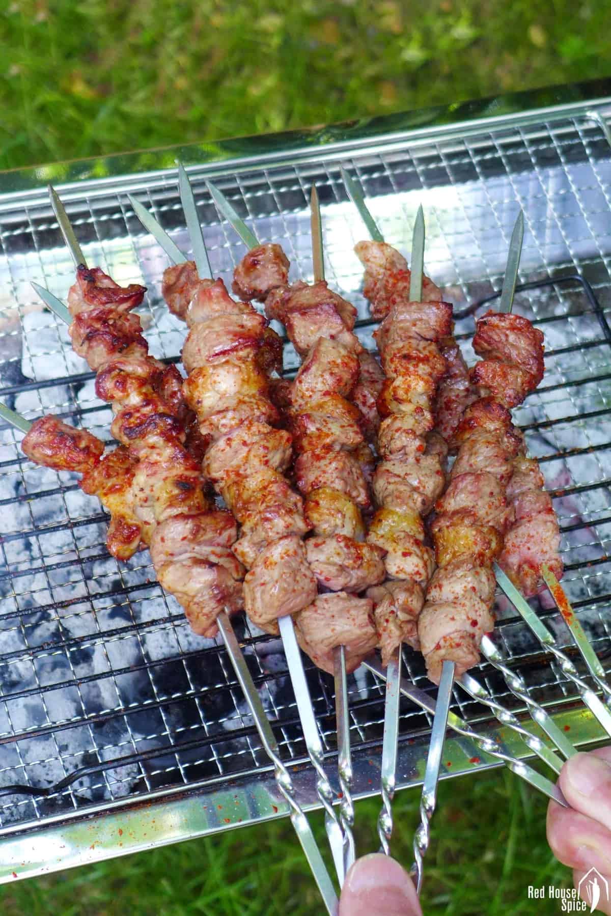 Chinese lamb skewers held by two hands
