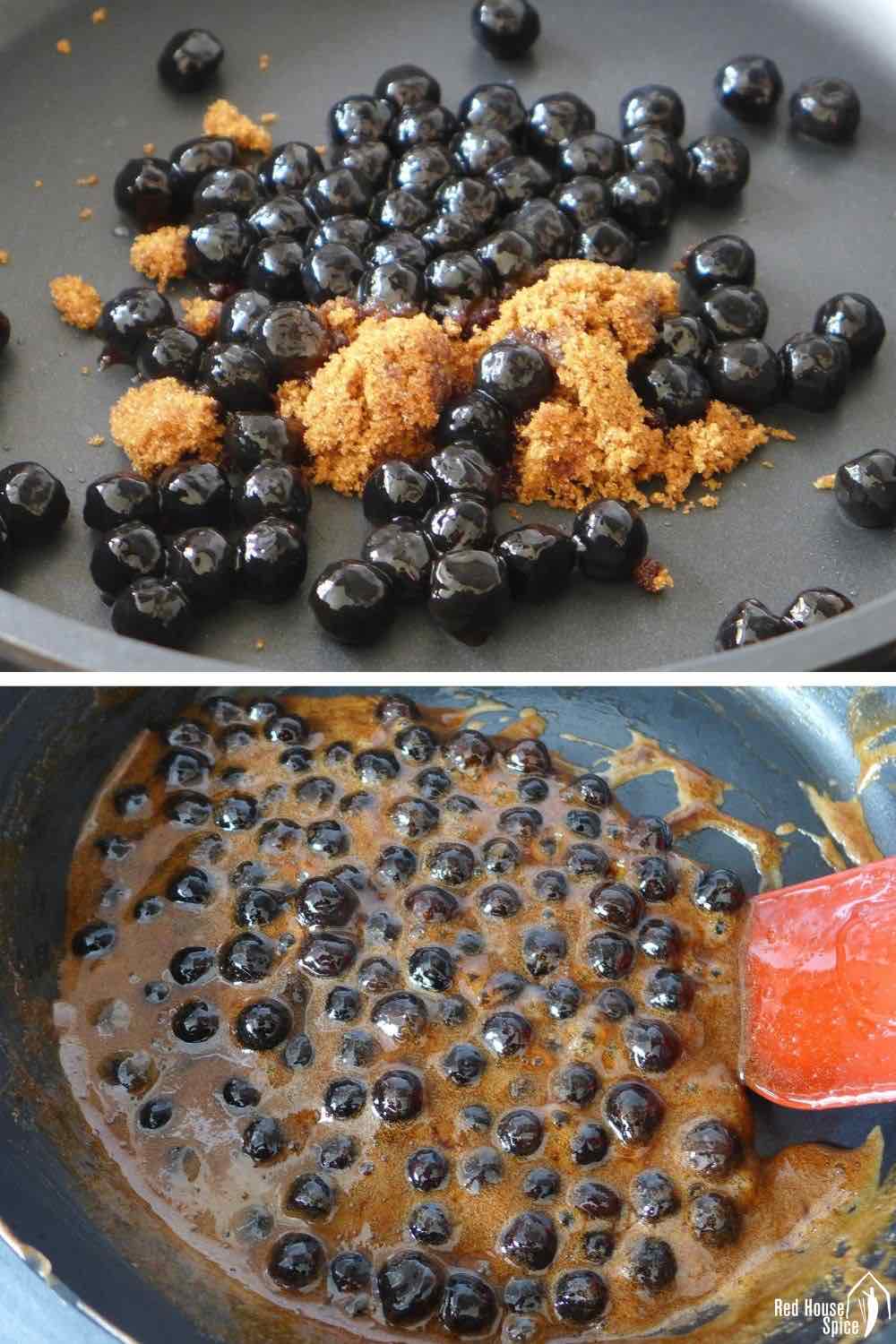 Melting brown sugar in a pan with black tapioca pearls.