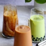 Three glasses of bubble tea with overlay text that says bubble tea 3 ways