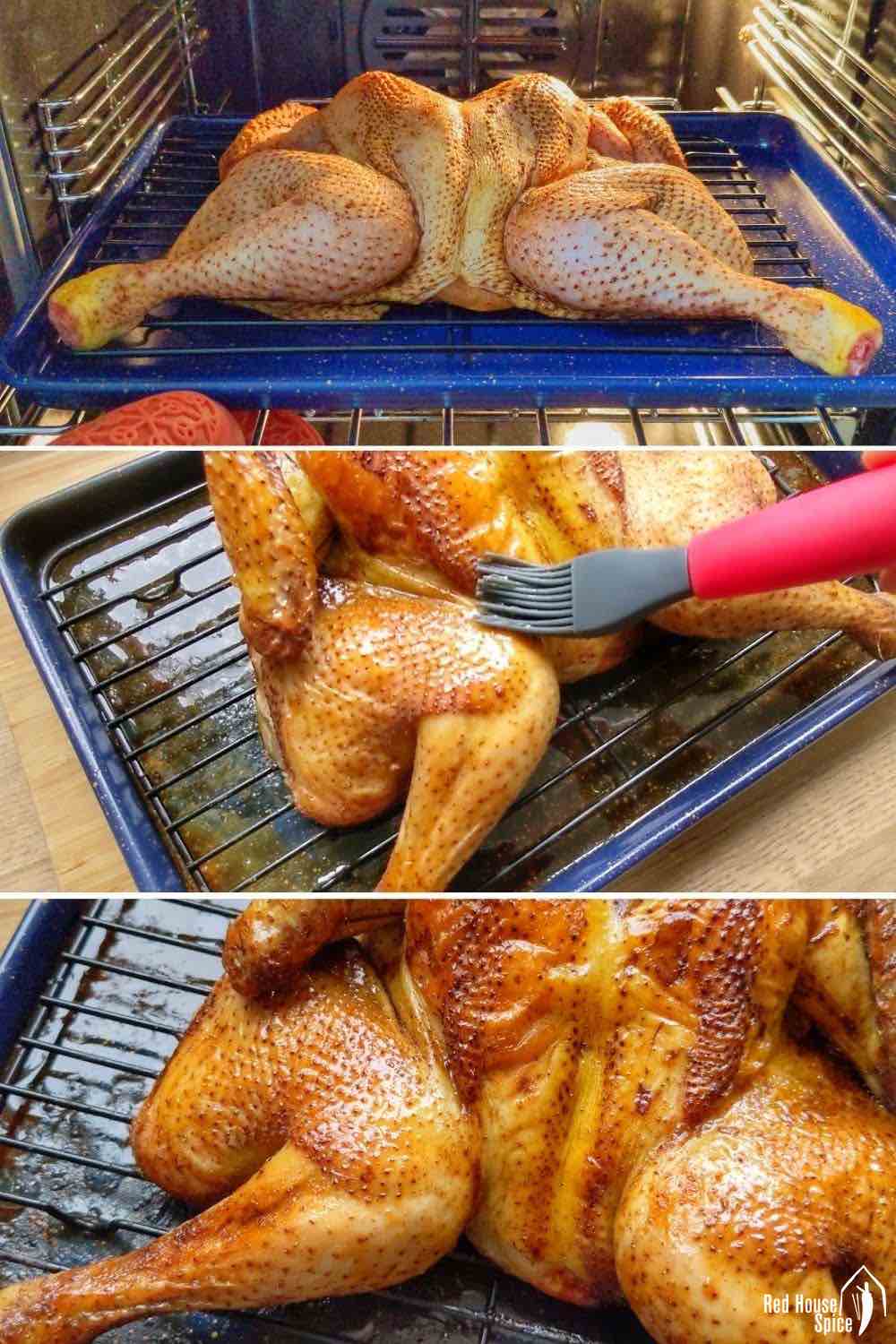 a photo collage of roasting and brushing honey over a chicken