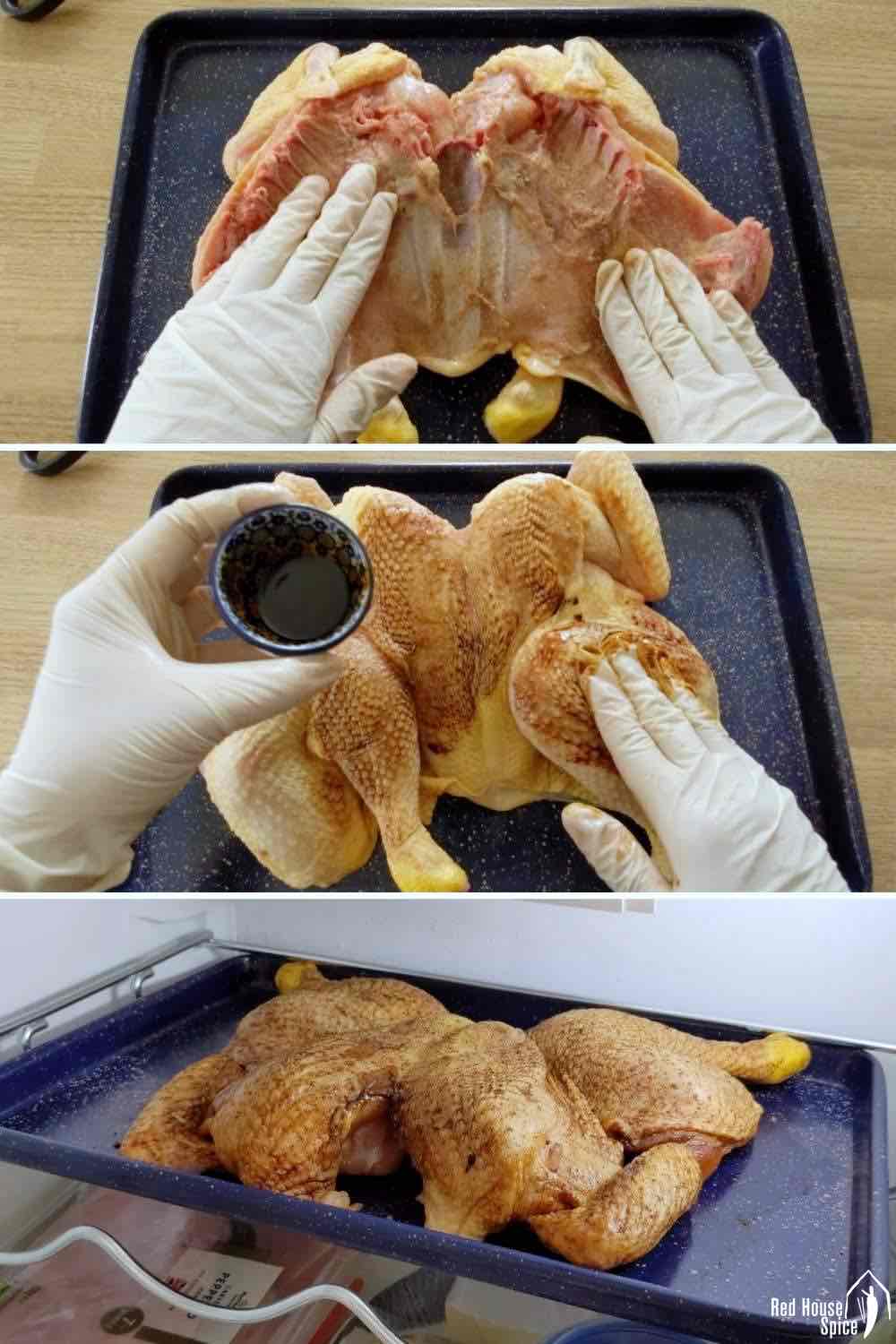 a collage of seasoning a whole chicken